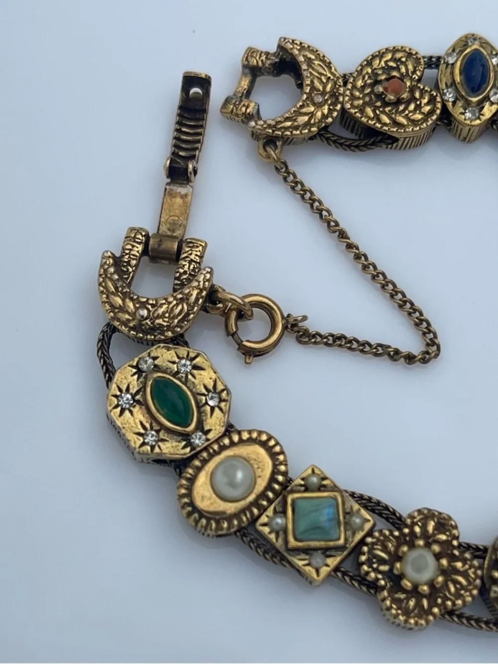 Vintage MCM Goldette Victorian Revival Slide Bracelet Faux Pearl Emerald Garnet - Picture 7 of 10